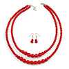 2 Strand Layered Bright Red Graduated Ceramic Bead Necklace and Drop Earrings Set - 52cm L/ 4cm Ext