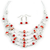 Romantic Multistrand Layered Glass/ Ceramic Beaded Necklace and Drop Earrings Set (White, Red) - 50cm L/ 5cm Ext