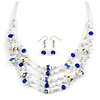 Romantic Multistrand Layered Glass/ Ceramic Beaded Necklace and Drop Earrings Set (White, Blue) - 50cm L/ 5cm Ext
