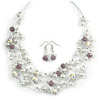 Romantic Multistrand Layered Beaded Necklace and Drop Earrings Set (White, Lilac) - 50cm L/ 4cm Ext