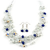 Romantic Multistrand Layered Beaded Necklace and Drop Earrings Set (White, Blue) - 50cm L/ 4cm Ext