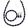 6mm Dark Blue Ceramic Bead Necklace, Flex Bracelet & Drop Earrings With Crystal Ring Set In Silver Tone - 42cm L/ 4cm Ext