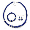 Blue Ceramic Bead Necklace, Flex Bracelet & Drop Earrings With Crystal Ring Set In Silver Tone - 48cm L/ 6cm Ext