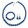 Inky Blue Glass Bead Necklace, Flex Bracelet & Drop Earrings With Crystal Ring Set In Silver Tone - 48cm L/ 6cm Ext