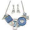 Light Blue Crystal Geometric Necklace and Drop Earrings Set In Sivler Tone - 38cm L/ 7cm Ext - Gift Boxed