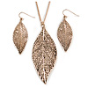 Vintage Inspired Textured Leaf Pendant and Drop Earrings Set In Aged Rose Gold Tone - 60cm L/ 7cm Ext