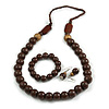 Brown/ Bronze Long Wooden Bead Necklace, Flex Bracelet and Drop Earrings Set - 80cm Long