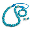 Mint/ Turquoise Coloured Wooden Bead Necklace, Flex Bracelet and Drop Earrings Set - 80cm Long