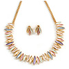 Pastel Multi Matt Enamel Abstract Leaf Necklace & Stud Earrings In Gold Tone Metal - 43cm L/ 6cm Ext