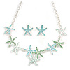 Pastel Mint/ Green/ Blue Matt Enamel Starfish Necklace & Stud Earrings In Silver Tone Metal - 42cm L/ 6cm Ext