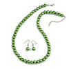 Pea Green Glass Bead Necklace & Drop Earring Set In Silver Metal - 38cm Length/ 4cm Extension