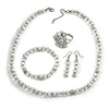 White/ Transparent Glass/ Ceramic Bead with Silver Tone Spacers Necklace/ Earrings/ Bracelet/ Ring Set - 48cm L/ 7cm Ext, Ring Size 7/8 Adjustable
