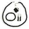 Black Glass/ Ceramic Bead with Silver Tone Spacers Necklace/ Earrings/ Bracelet/ Ring Set - 48cm L/ 7cm Ext, Ring Size 7/8 Adjustable
