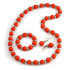 Orange Wood and Silver Acrylic Bead Necklace, Earrings, Bracelet Set - 70cm Long