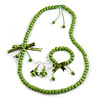 Lime Green Wooden Bead with Bow Long Necklace, Bracelet and Drop Earrings Set - 80cm Long