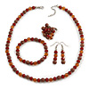 Chocolate/ Amber Glass/ Ceramic Bead with Silver Tone Spacers Necklace/ Earrings/ Bracelet/ Ring Set - 48cm L/ 7cm Ext, Ring Size 7/8 Adjustable