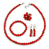 Red Glass/ Ceramic Bead with Silver Tone Spacers Necklace/ Earrings/ Bracelet/ Ring Set - 48cm L/ 7cm Ext, Ring Size 7/8 Adjustable