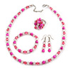 Deep Pink/ Pastel Pink Glass/ Ceramic Bead with Silver Tone Spacers Necklace/ Earrings/ Bracelet/ Ring Set - 48cm L/ 7cm Ext, Ring Size 7/8 Adjustable
