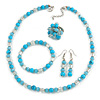 Light Blue/ Transparent Glass/ Ceramic Bead with Silver Tone Spacers Necklace/ Earrings/ Bracelet/ Ring Set - 48cm L/ 7cm Ext, Ring Size 7/8 Adjustabl