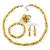 Yellow Glass/ Ceramic Bead with Silver Tone Spacers Necklace/ Earrings/ Bracelet/ Ring Set - 48cm L/ 7cm Ext, Ring Size 7/8 Adjustable