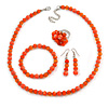 Orange Glass/ Ceramic Bead with Silver Tone Spacers Necklace/ Earrings/ Bracelet/ Ring Set - 48cm L/ 7cm Ext, Ring Size 7/8 Adjustable