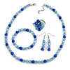 Blue/ Light Blue Glass/ Ceramic Bead with Silver Tone Spacers Necklace/ Earrings/ Bracelet/ Ring Set - 48cm L/ 7cm Ext, Ring Size 7/8 Adjustable