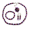 Deep Purple/ Lilac/ Violet Glass/ Ceramic Bead with Silver Tone Spacers Necklace/ Earrings/ Bracelet/ Ring Set - 48cm L/ 7cm Ext, Ring Size 7/8 Adjust