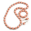 Light Pink  Wood and Silver Acrylic Bead Necklace, Earrings, Bracelet Set - 70cm Long