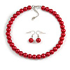 10mm Red Glass Bead Choker Necklace & Drop Earrings Set - 37cm L/ 5cm Ext