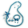 Light Blue Wooden Bead with Bow Long Necklace, Bracelet and Drop Earrings - 80cm Long