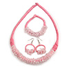 Ethnic Handmade Semiprecious Stone with Cotton Cord Necklace, Bracelet and Hoop Earrings Set In Light Pink- 56cm L