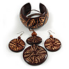 Long Brown Cord Wooden Pendant with Leaf Motif, Drop Earrings and Cuff Bangle Set in Brown - 76cm L/ Medium Size Bangle