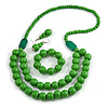 Chunky Green Long Wooden Bead Necklace, Flex Bracelet and Drop Earrings Set - 90cm Long