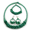 Ethnic Handmade Semiprecious Stone with Cotton Cord Necklace, Bracelet and Hoop Earrings Set In Green - 56cm L