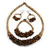 Ethnic Handmade Semiprecious Stone with Cotton Cord Necklace, Bracelet and Hoop Earrings Set In Brown/ Beige - 56cm L