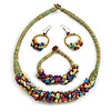 Ethnic Handmade Semiprecious Stone with Cotton Cord Necklace, Bracelet and Hoop Earrings Set In Multi - 56cm L
