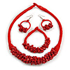 Ethnic Handmade Semiprecious Stone with Cotton Cord Necklace, Bracelet and Hoop Earrings Set In Red - 56cm L