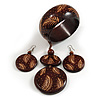 Long Brown Cord Wooden Pendant with Floral Motif, Drop Earrings and Bangle Set in Brown - 76cm L/ Medium Size Bangle