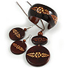 Long Brown Cord Wooden Pendant with Floral Motif, Drop Earrings and Cuff Bangle Set in Brown - 76cm L/ M Size Bangle
