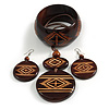 Long Brown Cord Wooden Pendant with with Tribal Motif, Drop Earrings and Bangle Set in Brown - 76cm L/ M Size Bangle