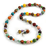 Long Wood Bead Necklace and Earring Set with Animal Print in Multi/ 80cm L