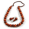 Chunky Wood Bead Cord Necklace and Earring Set with Animal Print in Copper Colour/ 76cm L