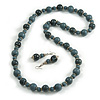 Long Wood Bead Necklace and Earring Set with Animal Print in Grey/ 80cm L