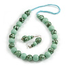 Chunky Wood Bead Cord Necklace and Earring Set with Animal Print in Mint/ 76cm L