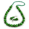 Chunky Wood Bead Cord Necklace and Earring Set with Animal Print in Green/ 76cm L