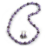 Long Wood Bead Necklace and Earring Set with Animal Print in Lilac Purple Colour/ 80cm L