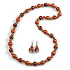 Long Wood Bead Necklace and Earring Set with Animal Print in Metallic Copper/ 80cm L