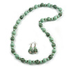 Long Wood Bead Necklace and Earring Set with Animal Print in Mint Colour/ 80cm L