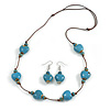 Dusty Blue Ceramic Heart Bead Brown Cord Necklace and Drop Earrings Set/48cm L/Slight Variation In Colour/Natural Irregularities