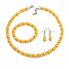 8mm/Lemon Yellow Glass Bead and Beer Yellow Faux Pearl Necklace/Flex Bracelet/Drop Earrings Set - 43cm L/4cm Ext